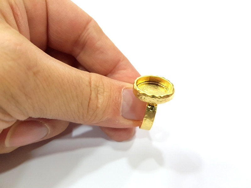 Gold Ring Blank Setting Cabochon Base inlay Ring Hammered Mounting Adjustable Ring Bezel (14x10mm blank ) Gold Plated Metal G16136