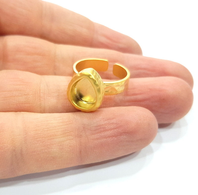 Gold Ring Blank Setting Cabochon Base inlay Ring Hammered Mounting Adjustable Ring Bezel (10x8mm blank ) Gold Plated Metal G16145