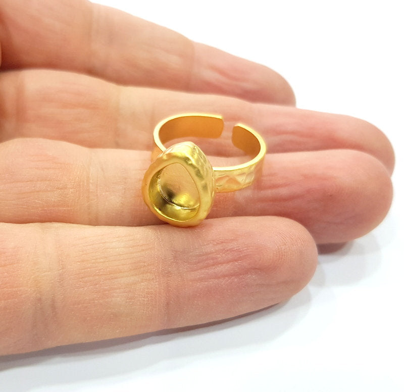 Gold Ring Blank Setting Cabochon Base inlay Ring Hammered Mounting Adjustable Ring Bezel (10x8mm blank ) Gold Plated Metal G16145