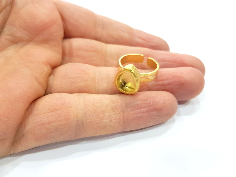 Gold Ring Blank Setting Cabochon Base inlay Ring Hammered Mounting Adjustable Ring Bezel (10x8mm blank ) Gold Plated Metal G16145