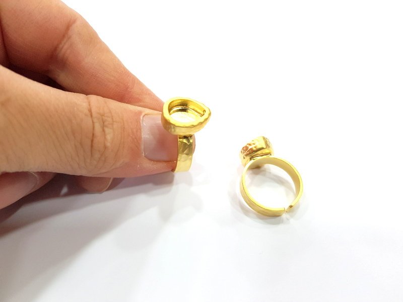Gold Ring Blank Setting Cabochon Base inlay Ring Hammered Mounting Adjustable Ring Bezel (10x8mm blank ) Gold Plated Metal G16145
