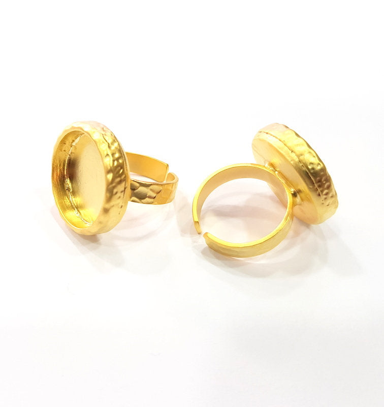 Gold Ring Blank Setting Cabochon Base inlay Ring Hammered Mounting Adjustable Ring Bezel (18mm blank ) Gold Plated Metal G16147