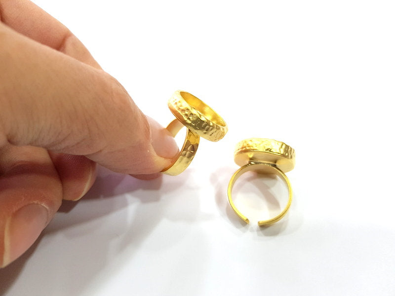 Gold Ring Blank Setting Cabochon Base inlay Ring Hammered Mounting Adjustable Ring Bezel (16mm blank ) Gold Plated Metal G16151