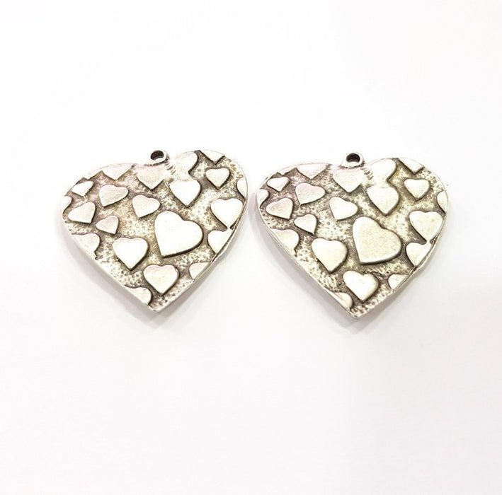 2 Heart Charms Antique Silver Plated Charms (30mm)  G16182