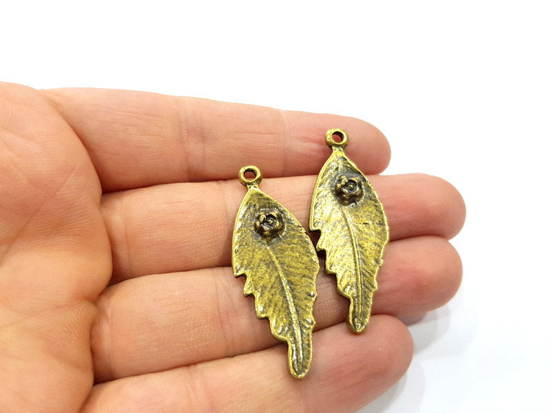 2 Feather Charm Antique Bronze Charm (44x17mm) G16253