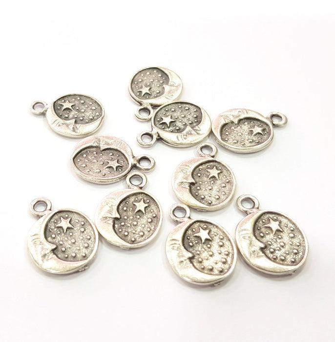 10 Moon and Stars Charm Silver Charm Antique Silver Plated Metal (14 mm)  G15442