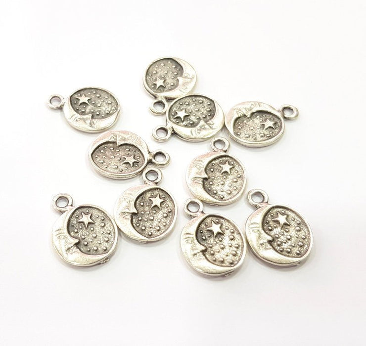 10 Moon and Stars Charm Silver Charm Antique Silver Plated Metal (14 mm)  G15442