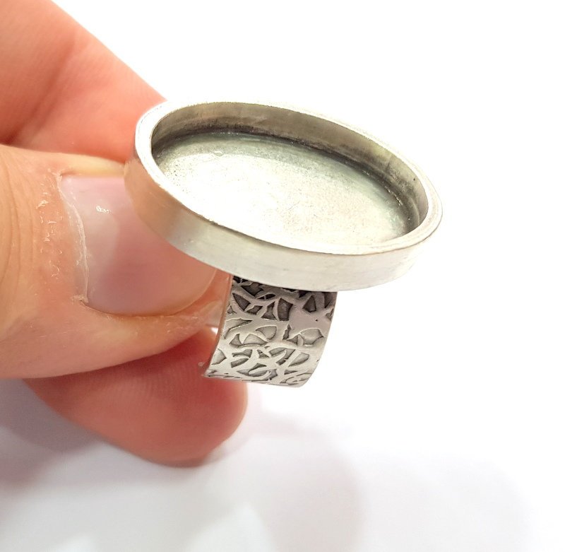 Silver Ring Blank Setting Cabochon Base inlay Ring Backs Mounting Adjustable Ring Base Bezel (25x18 mm oval ) Antique Silver Plated G16361