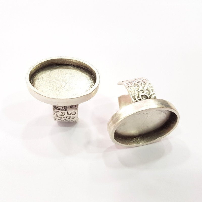 Silver Ring Blank Setting Cabochon Base inlay Ring Backs Mounting Adjustable Ring Base Bezel (25x18 mm oval ) Antique Silver Plated G16361