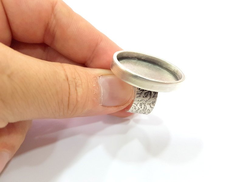 Silver Ring Blank Setting Cabochon Base inlay Ring Backs Mounting Adjustable Ring Base Bezel(30x22mm oval blank)Antique Silver Plated G15463