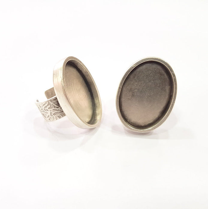Silver Ring Blank Setting Cabochon Base inlay Ring Backs Mounting Adjustable Ring Base Bezel(30x22mm oval blank)Antique Silver Plated G15463