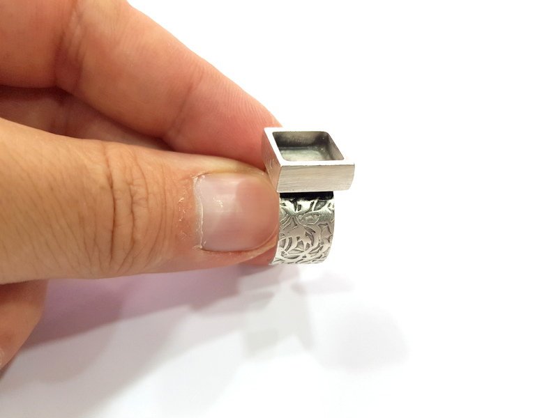 Silver Ring Blank Setting Cabochon Base inlay Ring Backs Mounting Adjustable Ring Base Bezel (10x10mm blank) Antique Silver Plated G15471
