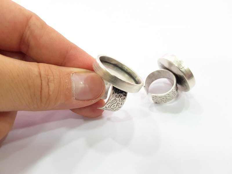 Silver Ring Blank Setting Cabochon Base inlay Ring Backs Mounting Adjustable Ring Base Bezel (25mm blank) Antique Silver Plated G15475
