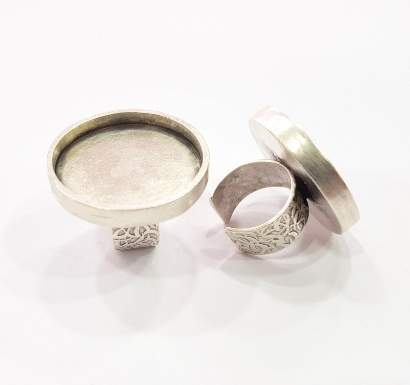 Silver Ring Blank Setting Cabochon Base inlay Ring Backs Mounting Adjustable Ring Base Bezel (30mm blank) Antique Silver Plated G15477