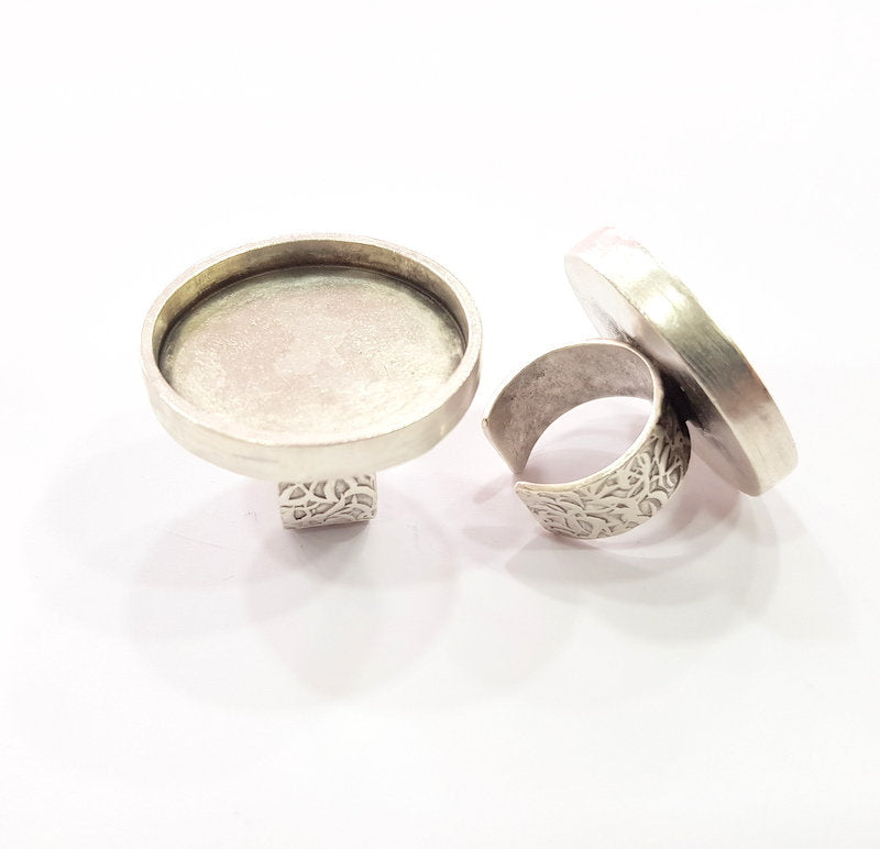 Silver Ring Blank Setting Cabochon Base inlay Ring Backs Mounting Adjustable Ring Base Bezel (30mm blank) Antique Silver Plated G15477