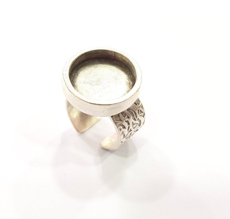 Silver Ring Blank Setting Cabochon Base inlay Ring Backs Mounting Adjustable Ring Base Bezel (16mm blank) Antique Silver Plated G15479