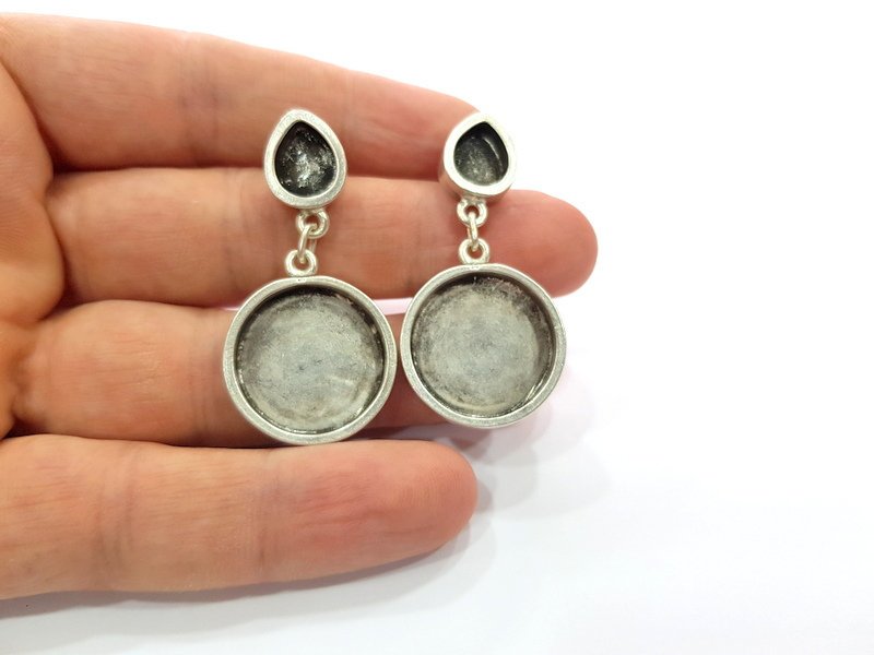 Earring Blank Backs Base Setting Silver Resin Blank Cabochon Base inlay Blank Mounting Antique Silver Plated Metal (10x8+20mm) 1 Pair G15494