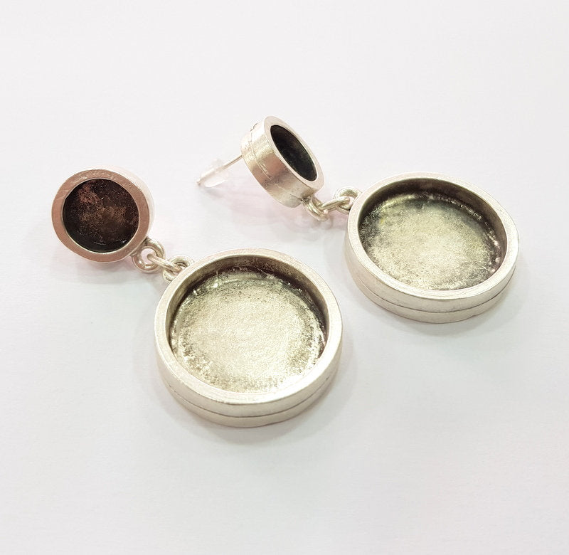 Earring Blank Backs Base Setting Silver Resin Blank Cabochon Base inlay Blank Mounting Antique Silver Plated Metal (10mm+20mm) 1 Pair G15497