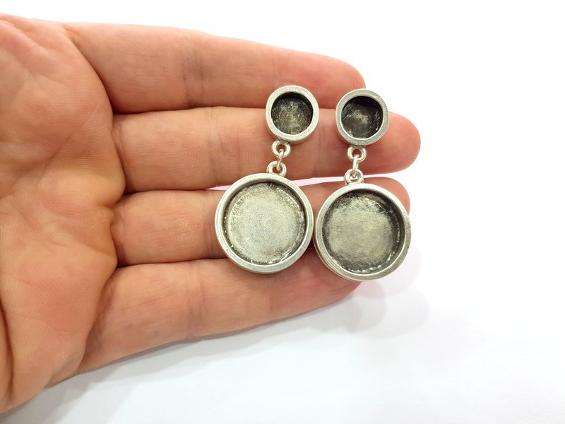 Earring Blank Backs Base Setting Silver Resin Blank Cabochon Base inlay Blank Mounting Antique Silver Plated Metal (10mm+20mm) 1 Pair G15497