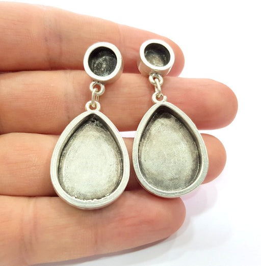 Earring Blank Backs Base Setting Silver Resin Blank Cabochon Base inlay Blank Mounting Antique Silver Plated Metal (8+25x18mm) 1 Pair G15500