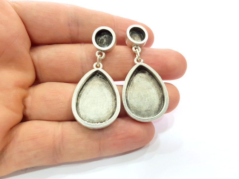 Earring Blank Backs Base Setting Silver Resin Blank Cabochon Base inlay Blank Mounting Antique Silver Plated Metal (8+25x18mm) 1 Pair G15500