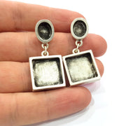 Earring Blank Backs Base Setting Silver Resin Blank Cabochon Base inlay Blank Mounting Antique Silver Plated Metal (10x8+16mm) 1 Pair G15501