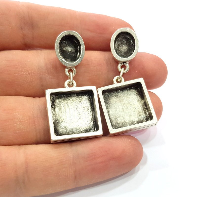 Earring Blank Backs Base Setting Silver Resin Blank Cabochon Base inlay Blank Mounting Antique Silver Plated Metal (10x8+16mm) 1 Pair G15501