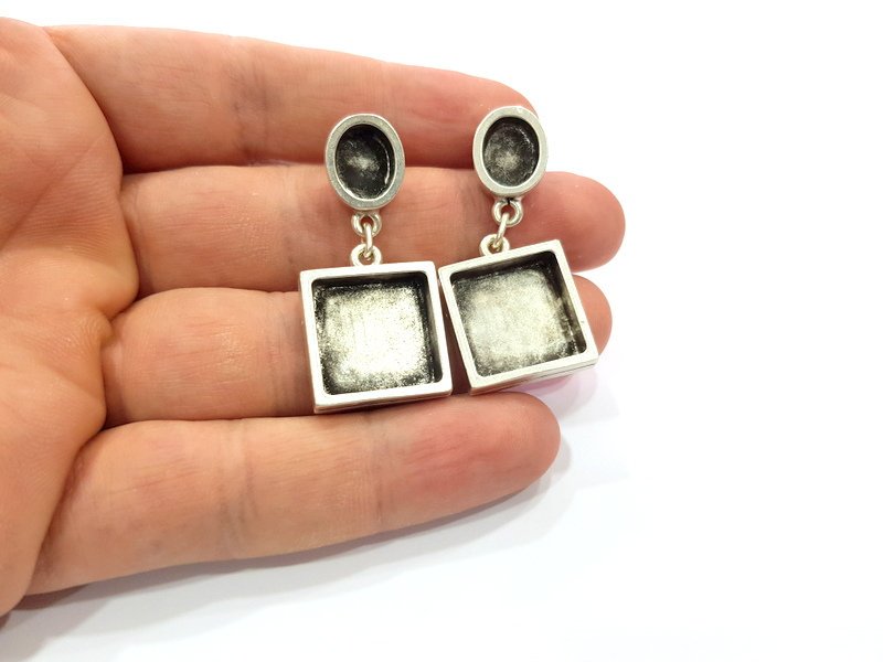 Earring Blank Backs Base Setting Silver Resin Blank Cabochon Base inlay Blank Mounting Antique Silver Plated Metal (10x8+16mm) 1 Pair G15501