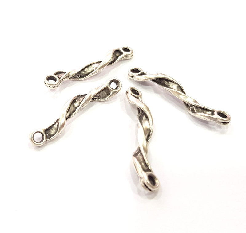 4 Folded Stick Connector Ringed Rod Connector Twisted Connector Antique Silver Plated Metal (20x4mm) G15516