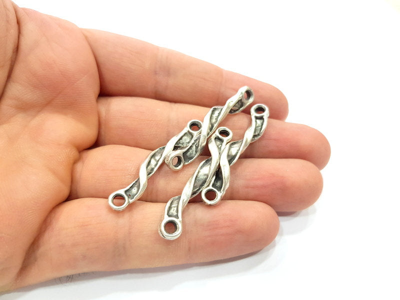 4 Folded Stick Connector Ringed Rod Connector Twisted Connector Antique Silver Plated Metal (20x4mm) G15516