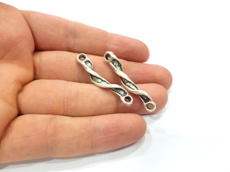 4 Folded Stick Connector Ringed Rod Connector Twisted Connector Antique Silver Plated Metal (20x4mm) G15516