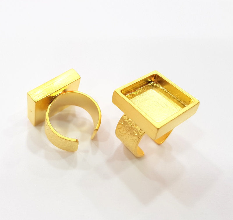 Gold Ring Blank Setting Cabochon Base inlay Ring Backs Mounting Adjustable Ring Base Bezel (16x16mm blank ) Gold Plated Metal G15527