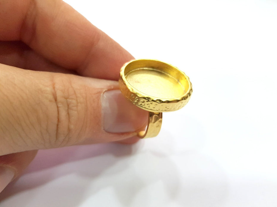 Gold Ring Blank Setting Cabochon Base inlay Ring Hammered Mounting Adjustable Ring Bezel (20mm blank ) Gold Plated Metal G16362