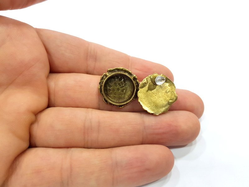 Earring Blank Backs Antique Bronze Resin Base inlay Cabochon Mountings Setting Antique Bronze Plated Brass (14mm blank) 1 pair G15584