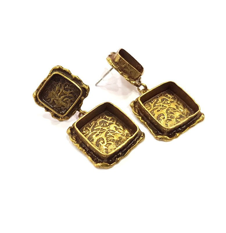 Earring Blank Backs Antique Bronze Resin Base inlay Cabochon Mountings Antique Bronze Plated Brass (10+15x15mm blank)  1 pair G15585