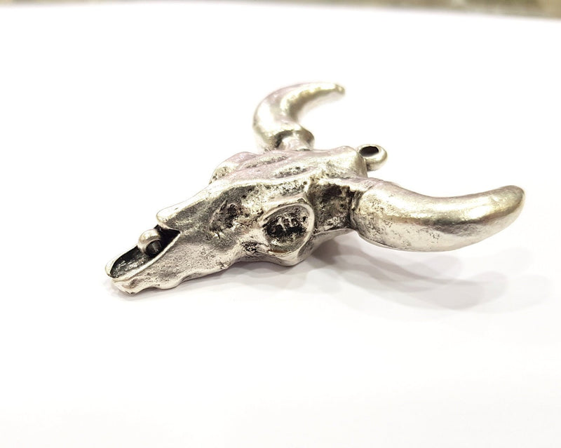 Ox Head Skull Pendant with nose ring Antique Silver Plated Pendant (44x42mm) G16434