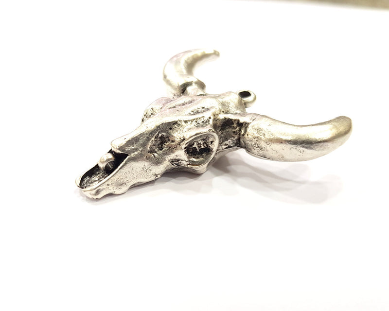 Ox Head Skull Pendant with nose ring Antique Silver Plated Pendant (44x42mm) G16434