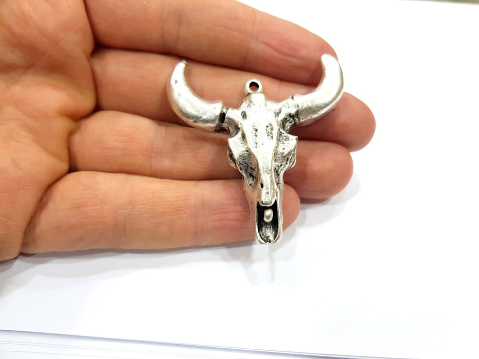 10 Ox Head Skull Pendant with nose ring Antique Silver Plated Pendant (44x42mm) G16434