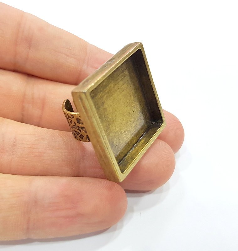 Antique Bronze Ring Blank Setting Cabochon Base inlay Ring Backs Mounting Adjustable Ring Bezel (25x25mm blank) Antique Bronze Plated G15658
