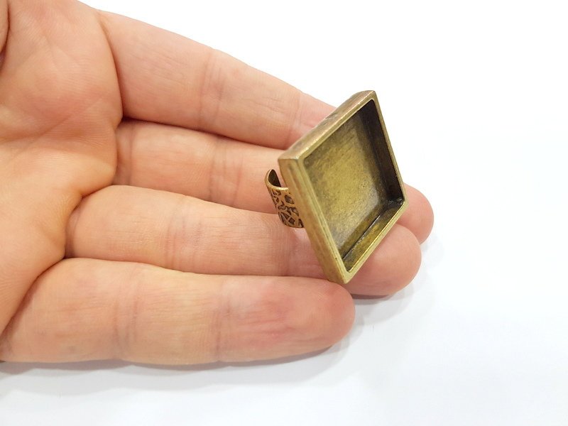 Antique Bronze Ring Blank Setting Cabochon Base inlay Ring Backs Mounting Adjustable Ring Bezel (25x25mm blank) Antique Bronze Plated G15658