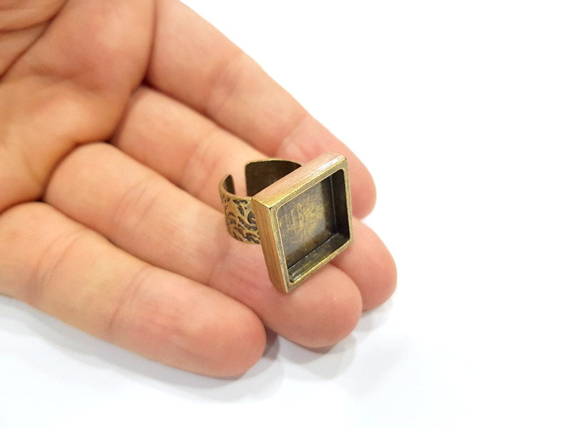 Antique Bronze Ring Blank Setting Cabochon Base inlay Ring Backs Mounting Adjustable Ring Bezel (16x16mm blank) Antique Bronze Plated G15675