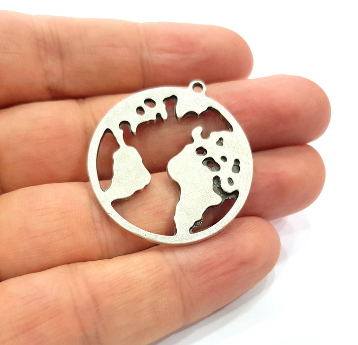 2 World Map Charm Silver Charm Antique Silver Plated Metal (34 mm)  G15698