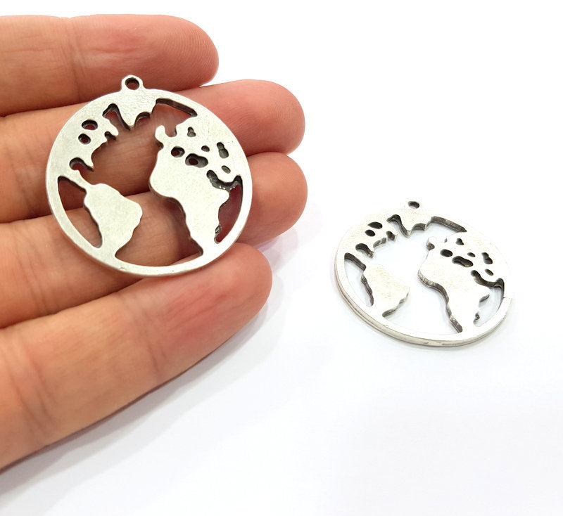 2 World Map Charm Silver Charm Antique Silver Plated Metal (34 mm)  G15698