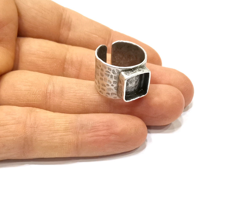 3 pcs Silver Ring Setting Resin Ring Blank Cabochon Base inlay Mounting Adjustable Ring Bezel (10x10mm)Antique Silver Plated Brass  G16476