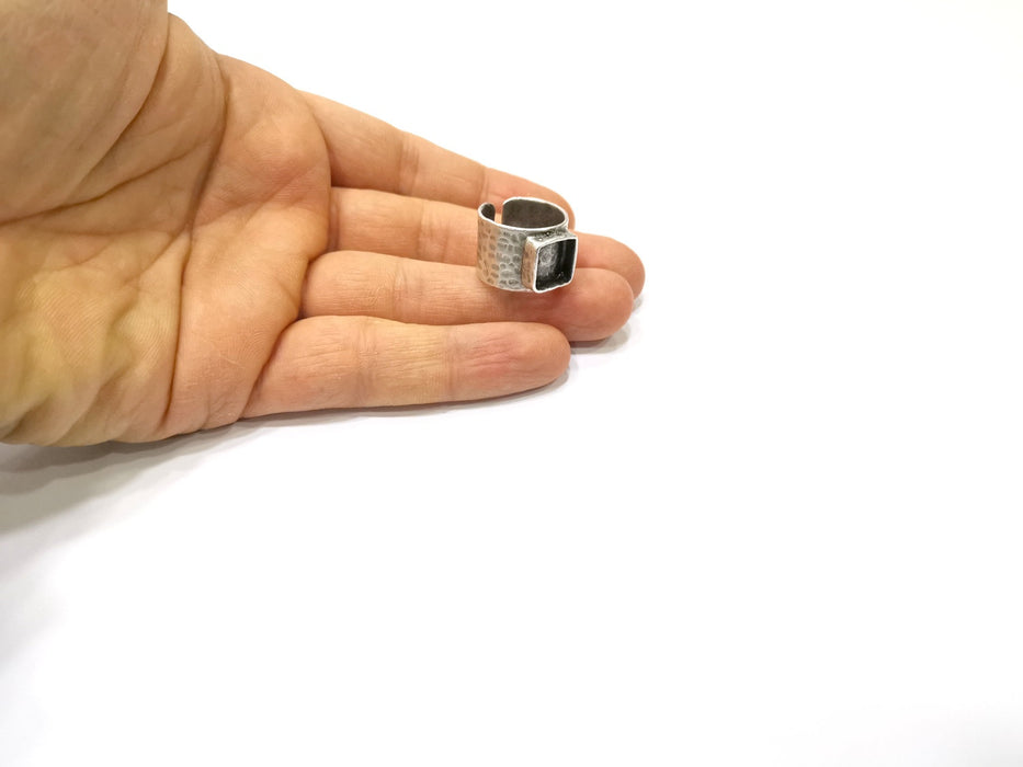 3 pcs Silver Ring Setting Resin Ring Blank Cabochon Base inlay Mounting Adjustable Ring Bezel (10x10mm)Antique Silver Plated Brass  G16476