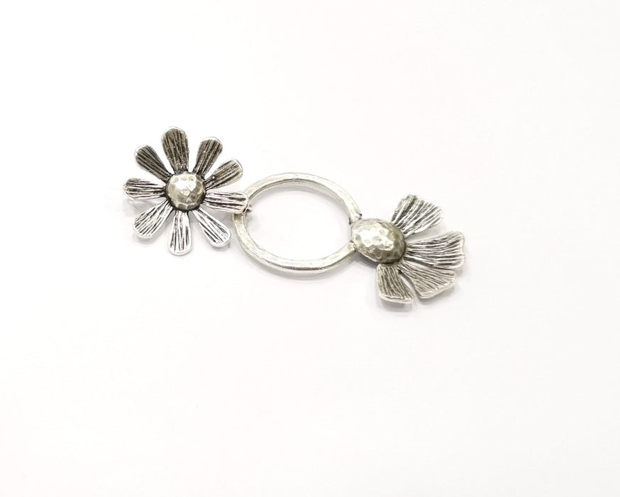 Flower Pendant Antique Silver Plated Brass Two piece and connected with the ring (55x21mm) G16482