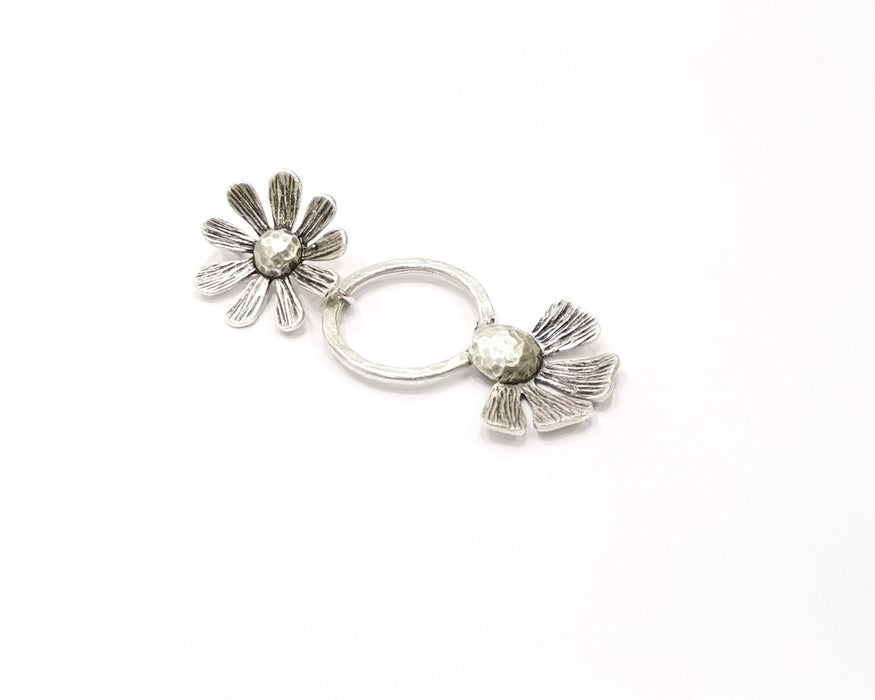 Flower Pendant Antique Silver Plated Brass Two piece and connected with the ring (55x21mm) G16482