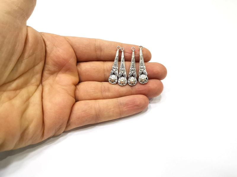 4 Silver Charms Antique Silver Plated Charms Double sided (34x7mm)  G17551