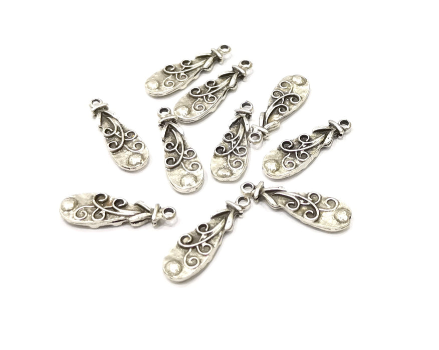 6 Silver Charms Antique Silver Plated Charms Double sided (25x8mm)  G16494