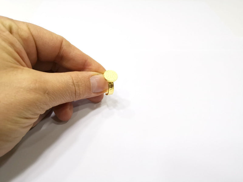 Gold Ring Blank Setting Cabochon Base Ring Hammered Mounting Adjustable Ring Bezel (11mm blank ) Gold Plated Metal G16503